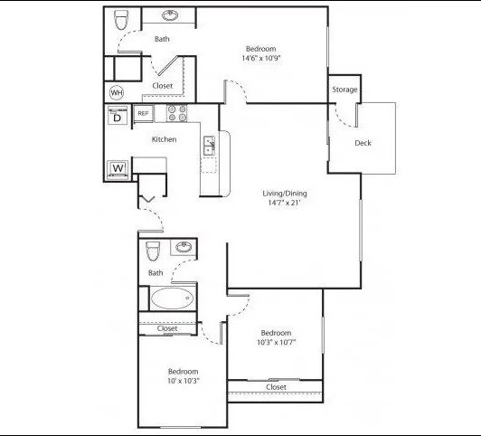 Floor plan for 3 beds, 2 baths, 1185 sqft